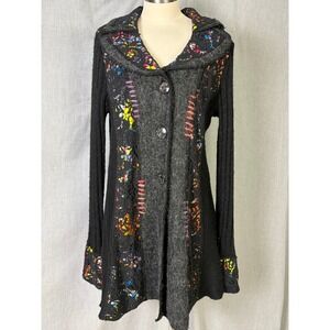 Clotheshead Black Gray Multicolor Knit Wearable Art Patchwork Cardigan Coat L